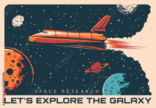 Valokuvatapetti Space shuttle galaxy exploration retro vector poster