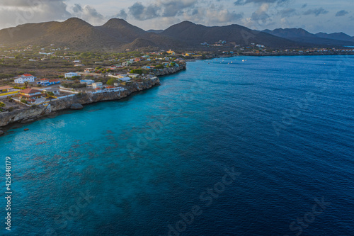 Aerial view above coast scenery of Curacao, Caribbean with ocean and beach © NaturePicsFilms