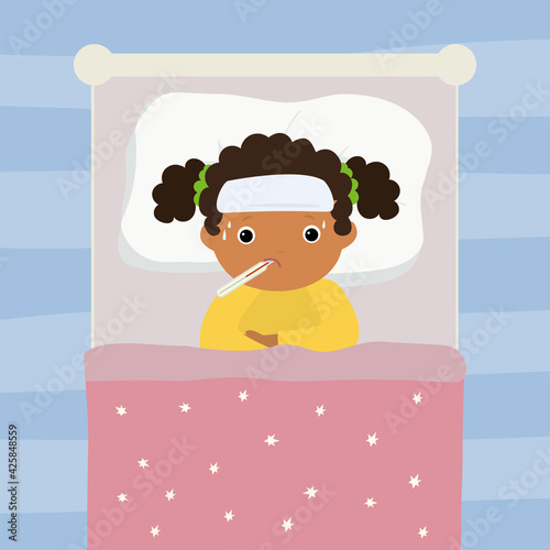 Cartoon sick girl with high fever. African american child is sick with flu or coronavirus. Kid with thermometer in his mouth. Girl lying in bed, top view. Healthcare banner.