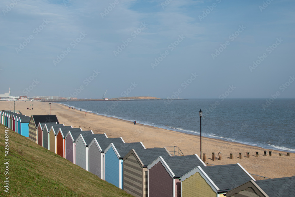 Beach huts on the beach at Gorleston in Norfolk, UK StockFoto Adobe