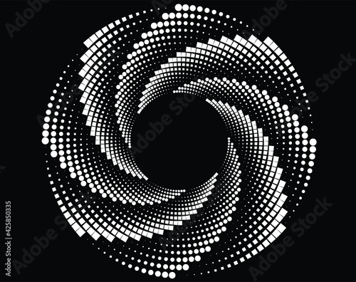  White halftone dots in vortex form. Geometric art. Trendy design element.Circular and radial lines volute, helix.Segmented circle with rotation.Radiating arc lines.Cochlear 