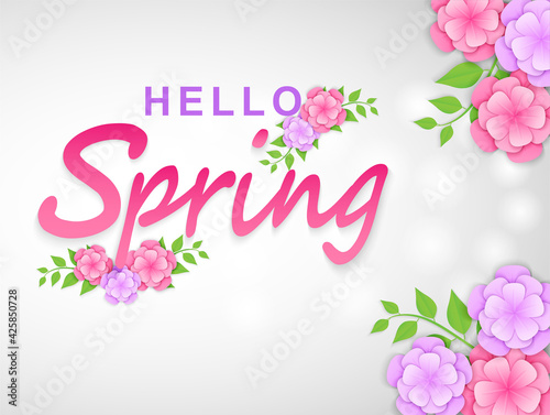 Hello spring background.  paper art style flowers and tree leaves. light and shadow. Vector.