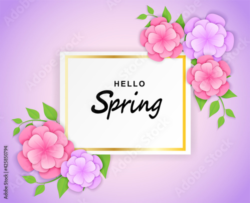Hello spring background.  paper art style flowers and tree leaves. light and shadow. Vector.