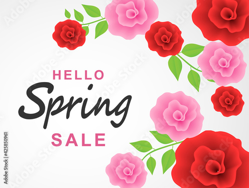 Hello spring background.  paper art style flowers and tree leaves. light and shadow. Vector.