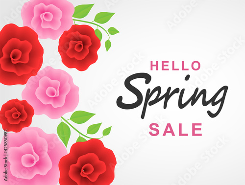 Hello spring background.  paper art style flowers and tree leaves. light and shadow. Vector.