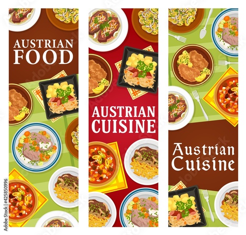 Austrian cuisine restaurant meals banners. Roast beef with fried onion, meat stew goulash and wiener schnitzel, tafelspitz, potato salad and beef esterhazy, sauerkraut with sausage vector