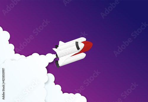 Startup business concept . Design with spacecraft , rocket flying in the space , cosmic and copy space for text, infographic. Symbol of new business, innovation, n. paper art style. vector.