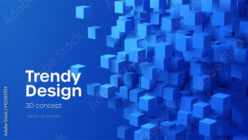 Abstract geometric background with blue 3d flying cubes. Modern abstract business template with 3d blue cube on blue background. Vector illustration