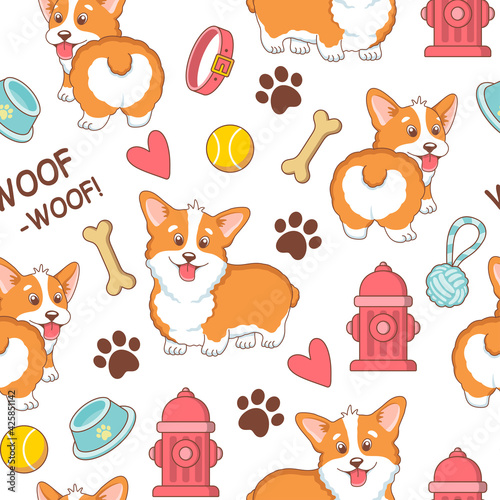 Photography Seamless pattern with cute cartoon corgi dogs and accessories