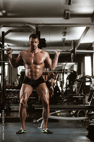 Fitness in gym, sport and healthy lifestyle concept. Handsome athletic man with naked torso making exercises. Bodybuilder male model training muscles making squats with barbell. Front view