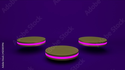 Golden product stand futuristic or podium pedestal on empty display with purple backdrops. 3D rendering.