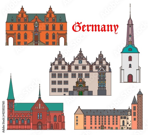 Germany travel landmarks architecture of Schleswig Holstein, cathedral and church buildings, vector. German landmarks of Munden rathaus and castle, Meldorf cathedral and Gluckstadt kirche church