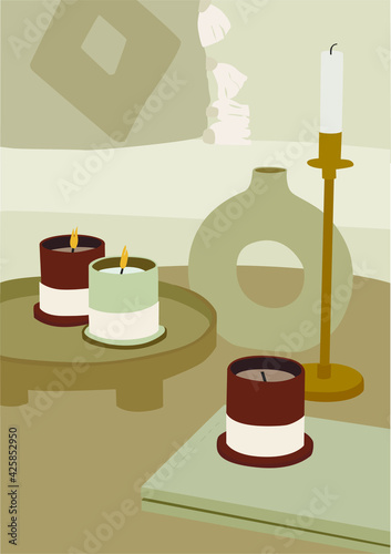 Boho cozy home. Candles on the table, a vase and a sofa with a pillow. Spa concept illustration with candles.