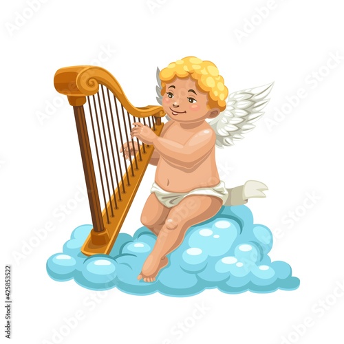 Cartoon cupid angel playing harp on cloud, vector character of romantic holiday. Amur, Cherub or Eros cartoon character with white wings and cute smile playing love song on heaven clouds