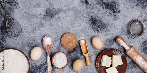 products butter, flour, eggs on the table