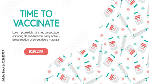 COVID-19 vaccination concept. Seamless pattern of syringe with vaccine against coronavirus. Time to vaccinate web banner or poster template.