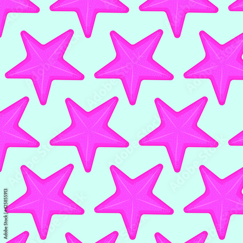Seamless pattern pink starfish. Marine pattern on turquoise background fabric and wrapping paper