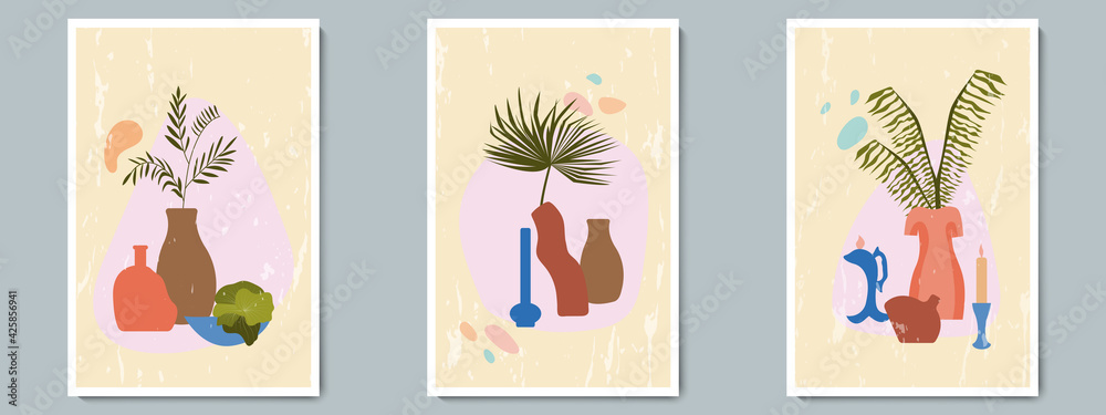 Hand Draw Pottery Vase Set with Tropical Plants and Abstract Shape. Trendy Collage for Decoration at Grunge Background