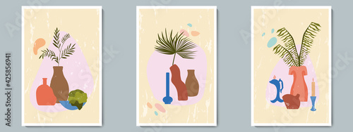 Hand Draw Pottery Vase Set with Tropical Plants and Abstract Shape. Trendy Collage for Decoration at Grunge Background