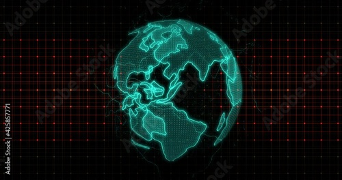 Animation of Вigital Globe rotating  Big data Earth 3D, future technology. Data transfer,  Eath surrounded by network connections. Plexus world map.