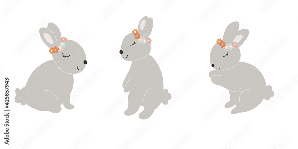 Grey Baby Bunnies with a floral wreath on head. Little Sleep Rabbit. Cute Easter Animal. Hares Vector Spring illustration isolated on background. Design for card, print, book, kids story. Grey Baby Bunnies with a floral wreath on head. Little Sleep Rabbit. Cute Easter Animal. Hares Vector Spring illustration isolated on background. Design for card, print, book, kids story.