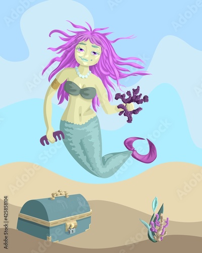 A cute sad smirking mermaid girl with pink hair  coral and hair comb in her hands. Undersea world with siren  pirate box of treasures and seaweeds on a sea bottom.