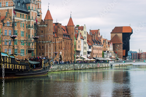 GDANSK, POLAND - July 10, 2020 - the city center and tourist place with a beautiful panoramic view of the city and the waterfront on Baltic Sea, new modern district