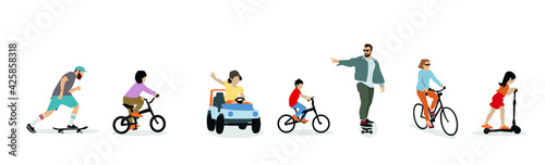 young people illustration, transport concept of kids on bicycle, car and skateboard
