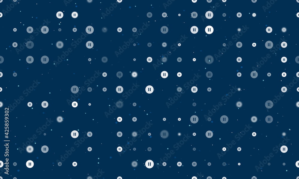 Seamless background pattern of evenly spaced white pause symbols of different sizes and opacity. Vector illustration on dark blue background with stars