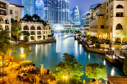 DUBAI, UAE - FEBRUARY 2018: Souk al Bahar hotel and shopping mall in Dubai, Burj Khalifa lake, UAE photo
