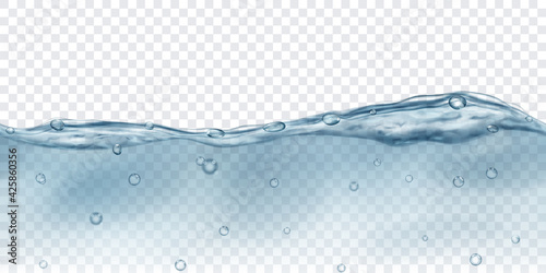 Translucent water in gray colors with air bubbles with seamless horizontal repetition, isolated on transparent background. Transparency only in vector file