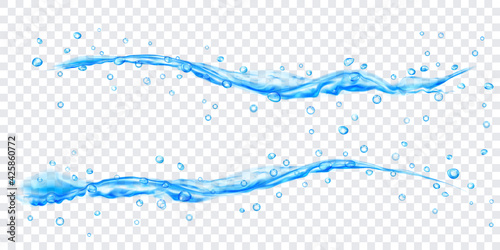 Translucent water jets with drops in light blue colors, isolated on transparent background. Transparency only in vector file