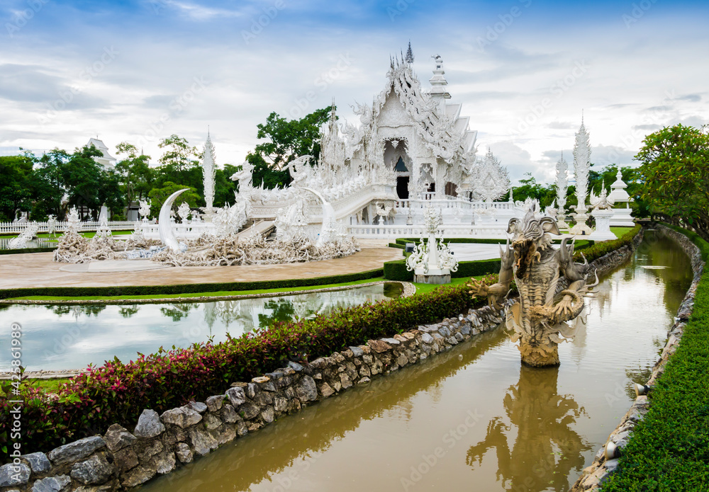 Stunning view of Wat Rong Khun, the White Temple in Chiang Rai, Thailand
