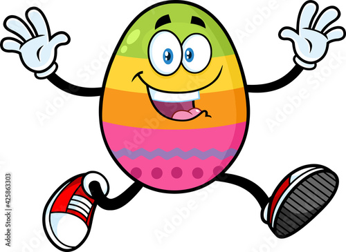 Easter Egg Cartoon Character Running With Open Arms. Vector Illustration Isolated On White Background