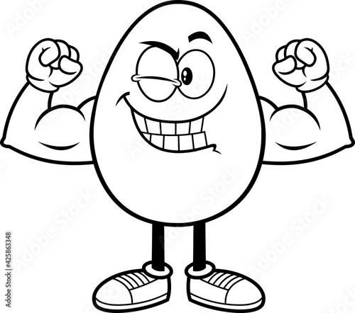 Outlined Strong Egg Cartoon Character Winking And Showing Muscle Arms. Vector Illustration Isolated On White Background