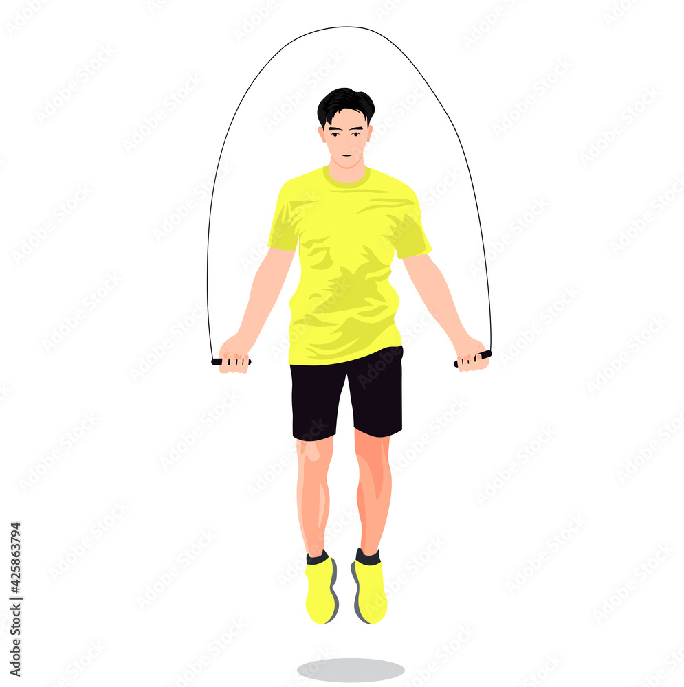 Obraz premium A man jumps on a rope. A person is engaged in sports, performs exercises. Loses weight by the summer. Training with a tool, cardio. Isolated on a white background.
