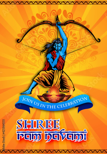 Shree Ram Navami celebration background for religious holiday of India grungy texture decorative illustration of Lord Rama with bow arrow with hindi text meaning shree ram navami