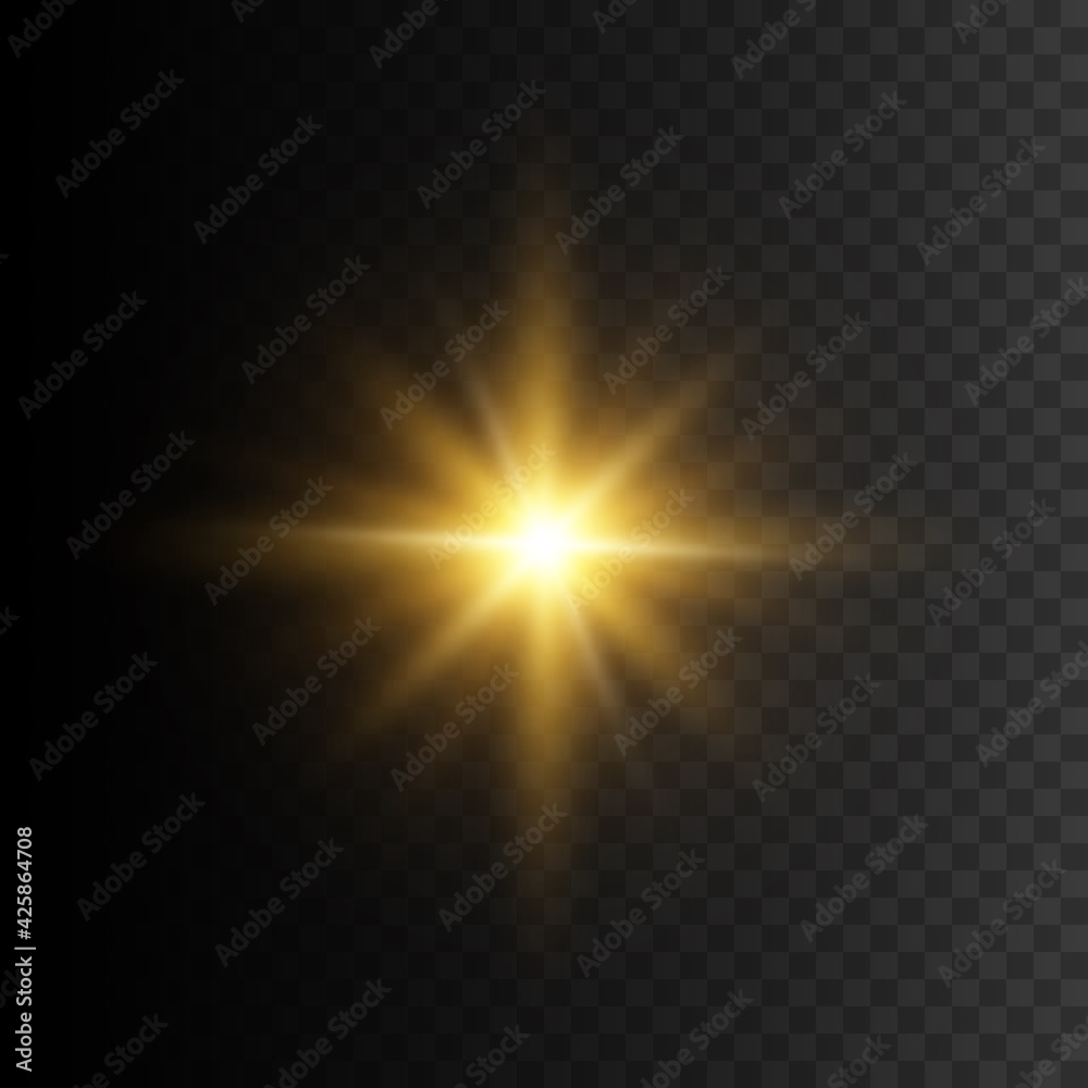 Gold star. Vector transparent glow light effect.