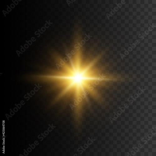Gold star. Vector transparent glow light effect.