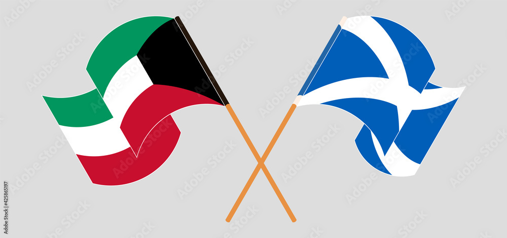 Crossed and waving flags of Kuwait and Scotland Crossed and waving flags of Kuwait and Scotland