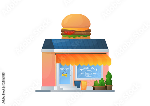 Burger cafe exterior flat illustration. Concept of bright burger restaurant isolated on white. Cute little house with burger on top. 