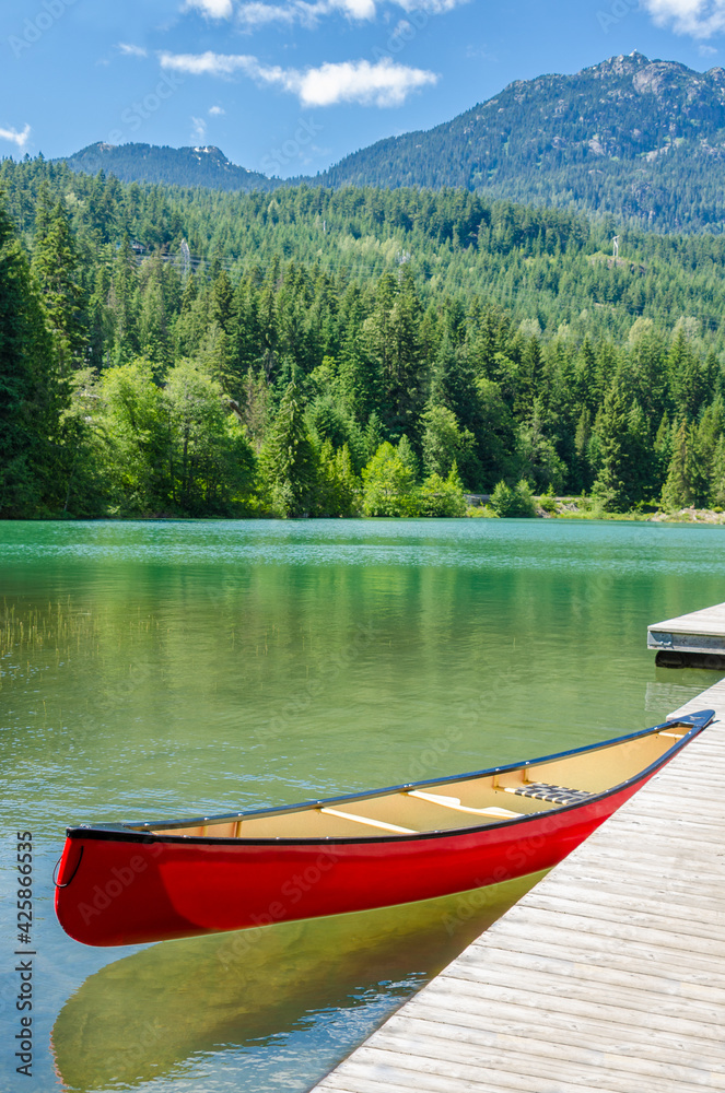 Reflection in water of mountain lakes and boats. Alta lake in Whistler, Vancouver, Canada. Beauty world. Reflection in water of mountain lakes and boats. Alta lake in Whistler, Vancouver, Canada. Beauty world.