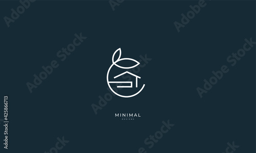 A line art icon logo of a house/home with a leaf circle