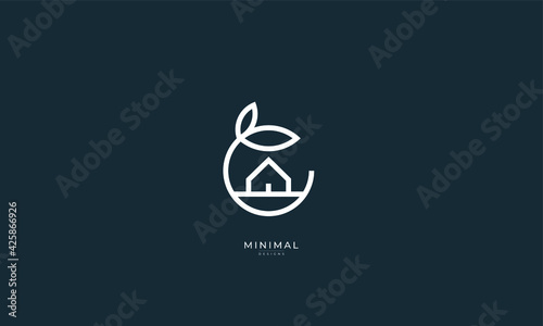 A line art icon logo of a house / home with a leaf circle	
