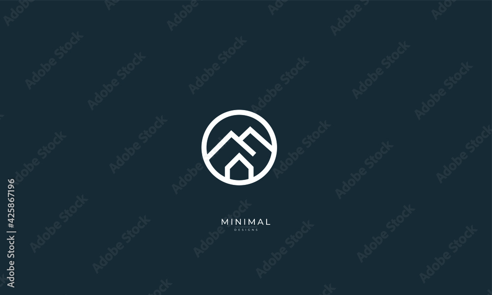 A line art icon logo of a mountain with a house inside a circle 