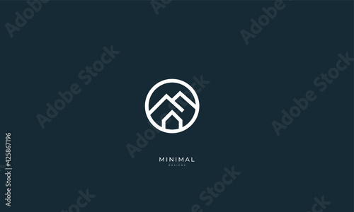 A line art icon logo of a mountain with a house inside a circle 
