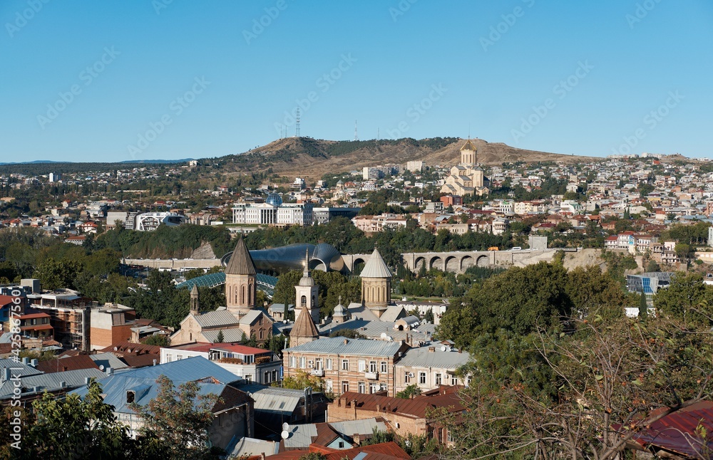 Panoramic Top View Of Tbilisi. Georgia. Famous Landmarks. Sunny day