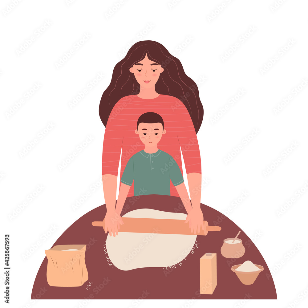 Obraz premium Mom and little son roll out the dough at the kitchen table and have a good time together. A woman and a boy cook dinner. The concept of motherhood, family and friendship