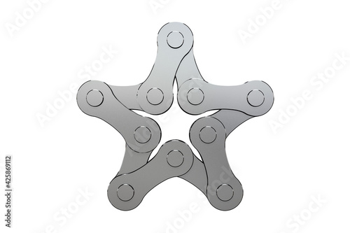 Bicycle chain in the shape of a star isolated on white background. Close-up, high detail. Realistic 3D rendering