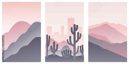 Pastel pink sun set sky and city skyline silhouette. Purple desert dunes. Dark cactuses. Abstract texture. Nature and ecology. Vertical orientation. Template for social media, post cards and posters